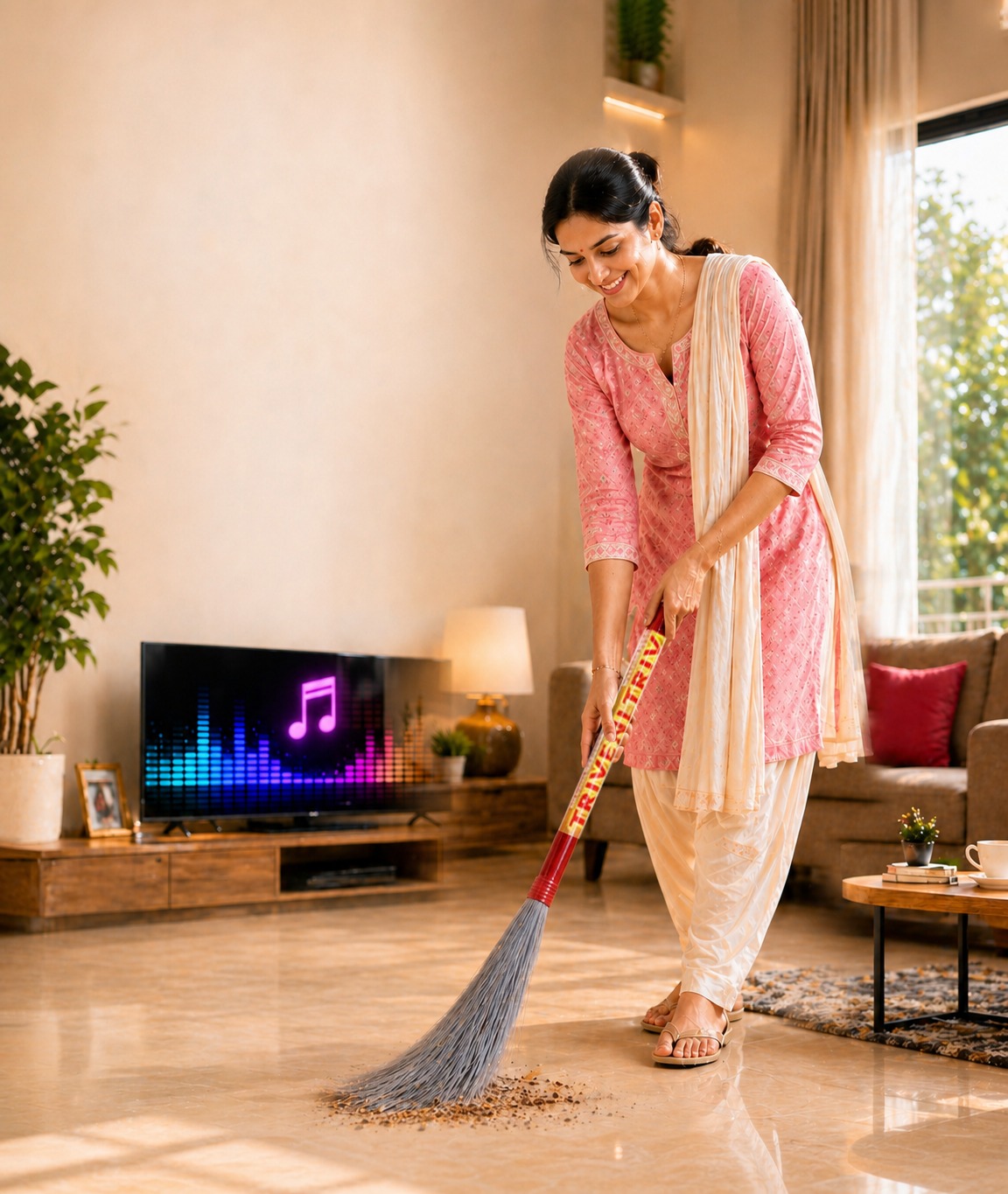 Indian family with Triveni broom at home